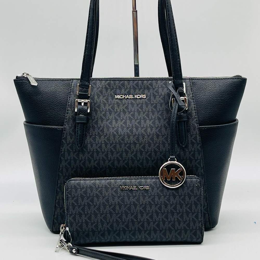 Michael Kors Large Top Zip Tote Bag Black & Continental Wallet